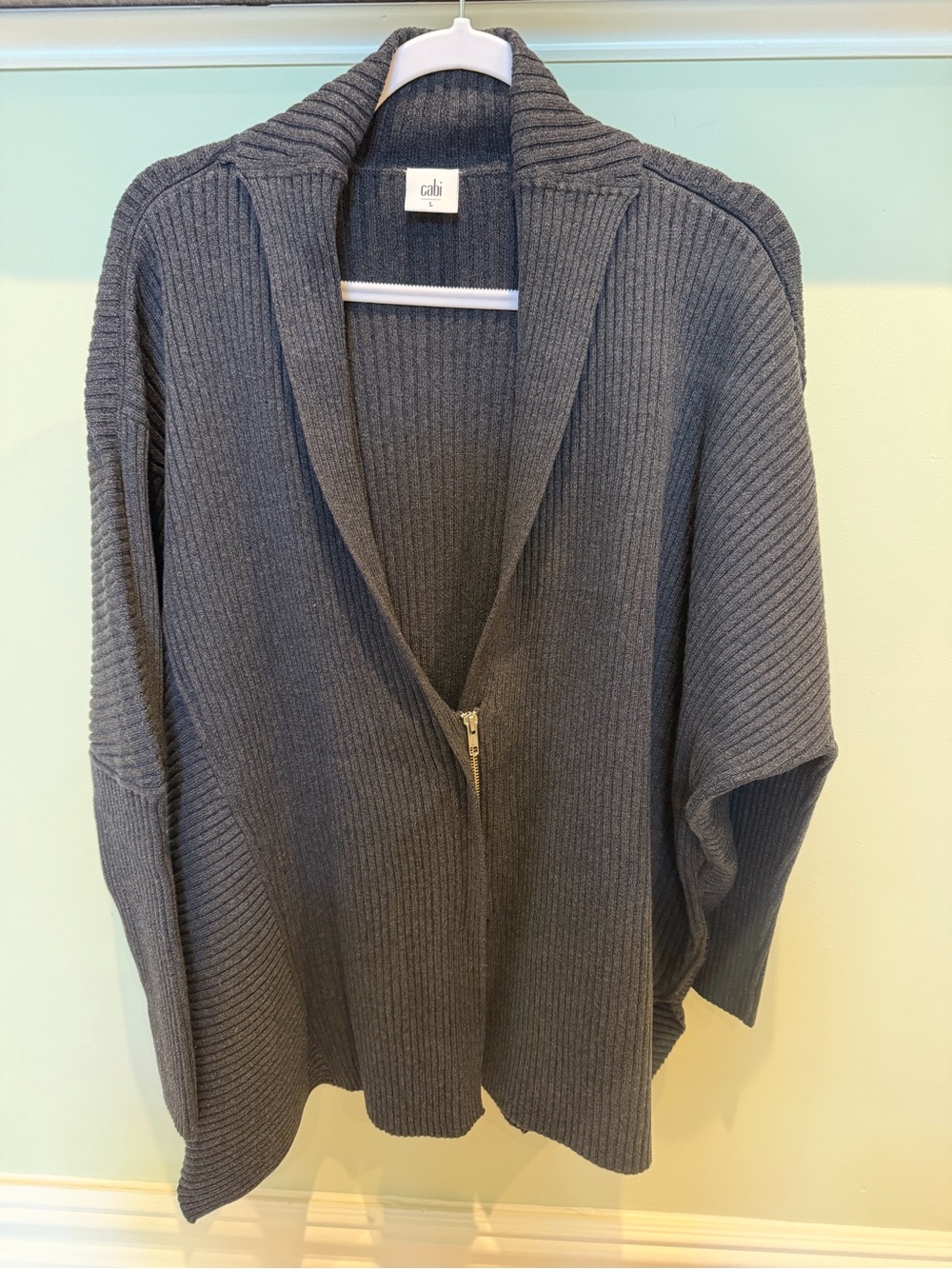 CAbi Ribbed Shawl-Collar Zip Cardigan - Gray